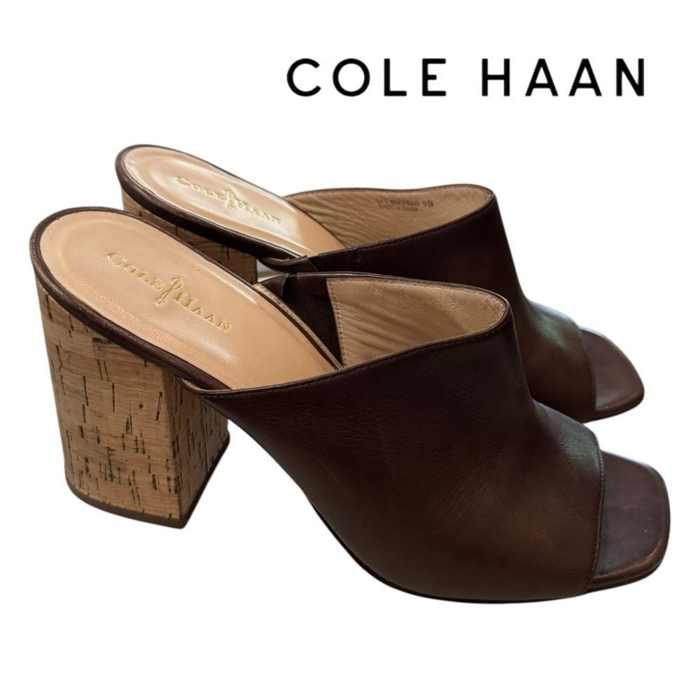 Cole Haan Brown Leather Cork Block Heel Mules